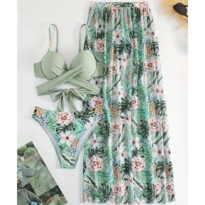 New Tropical Pineapple Floral 3-Piece Bikini Set, Wrap Tie Back Push Up Top, Matching High Cut Bottom And Wide Leg Beach Pants