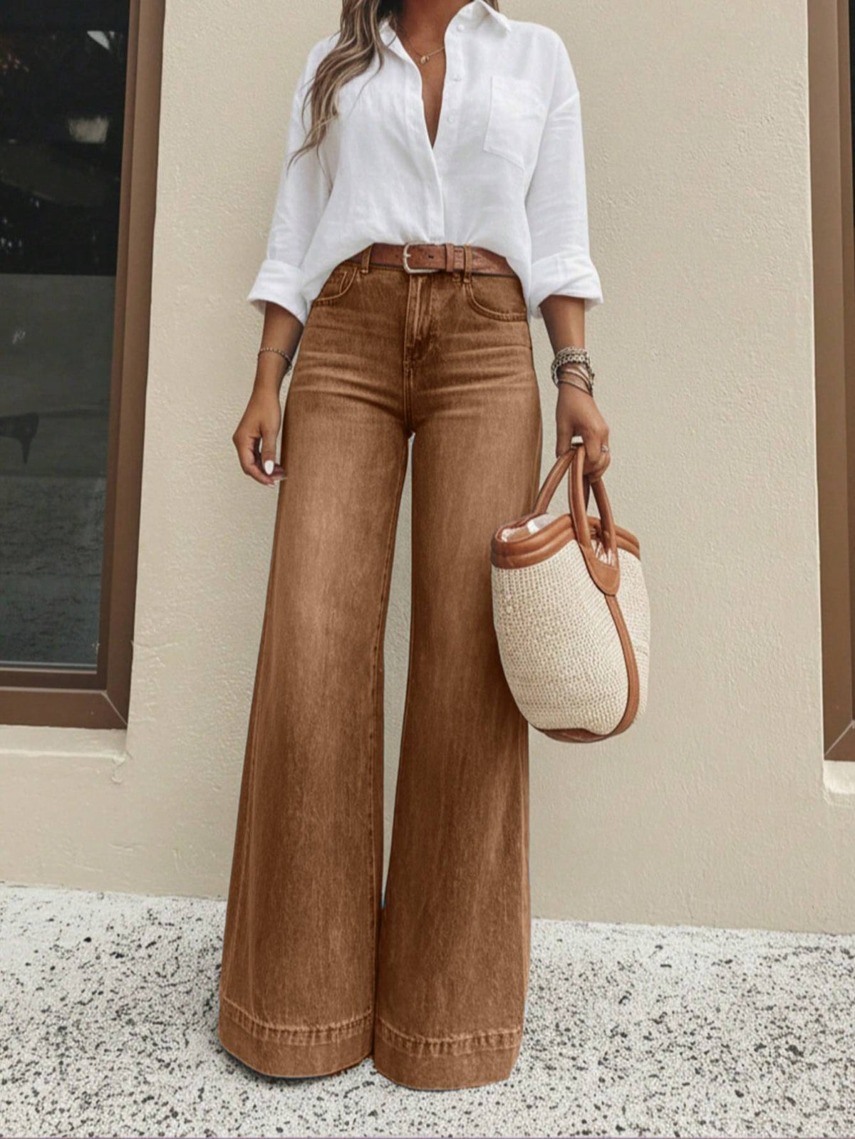 Women's Washed Brown High-Waisted Wide-Leg Jeans