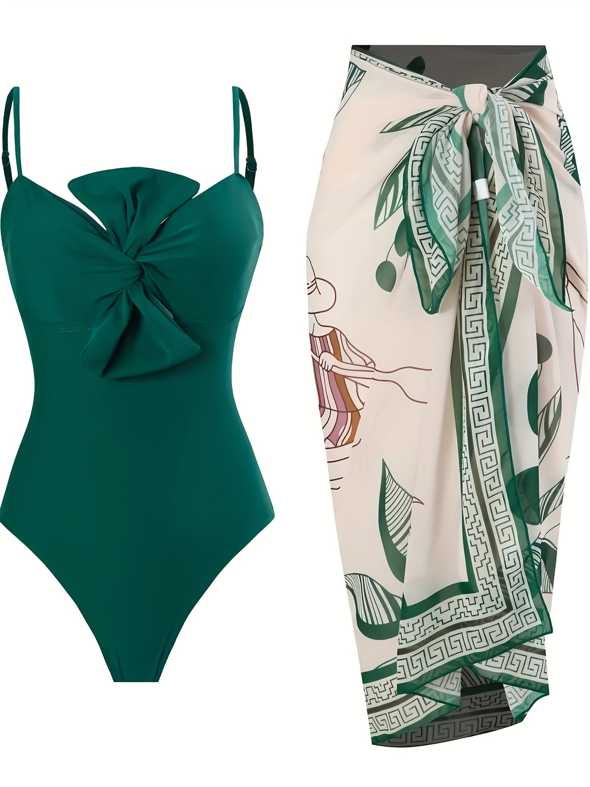 Tankini Sunscreen Two-Piece Set with High-End Printed Top, Chest Knot Design, Mermaide Skirt, Slim-Fit, Flattering, Chic and Sexy Casual Vacation Beach Swimsuit for Women