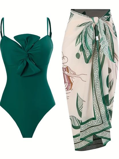 Tankini Sunscreen Two-Piece Set with High-End Printed Top, Chest Knot Design, Mermaide Skirt, Slim-Fit, Flattering, Chic and Sexy Casual Vacation Beach Swimsuit for Women