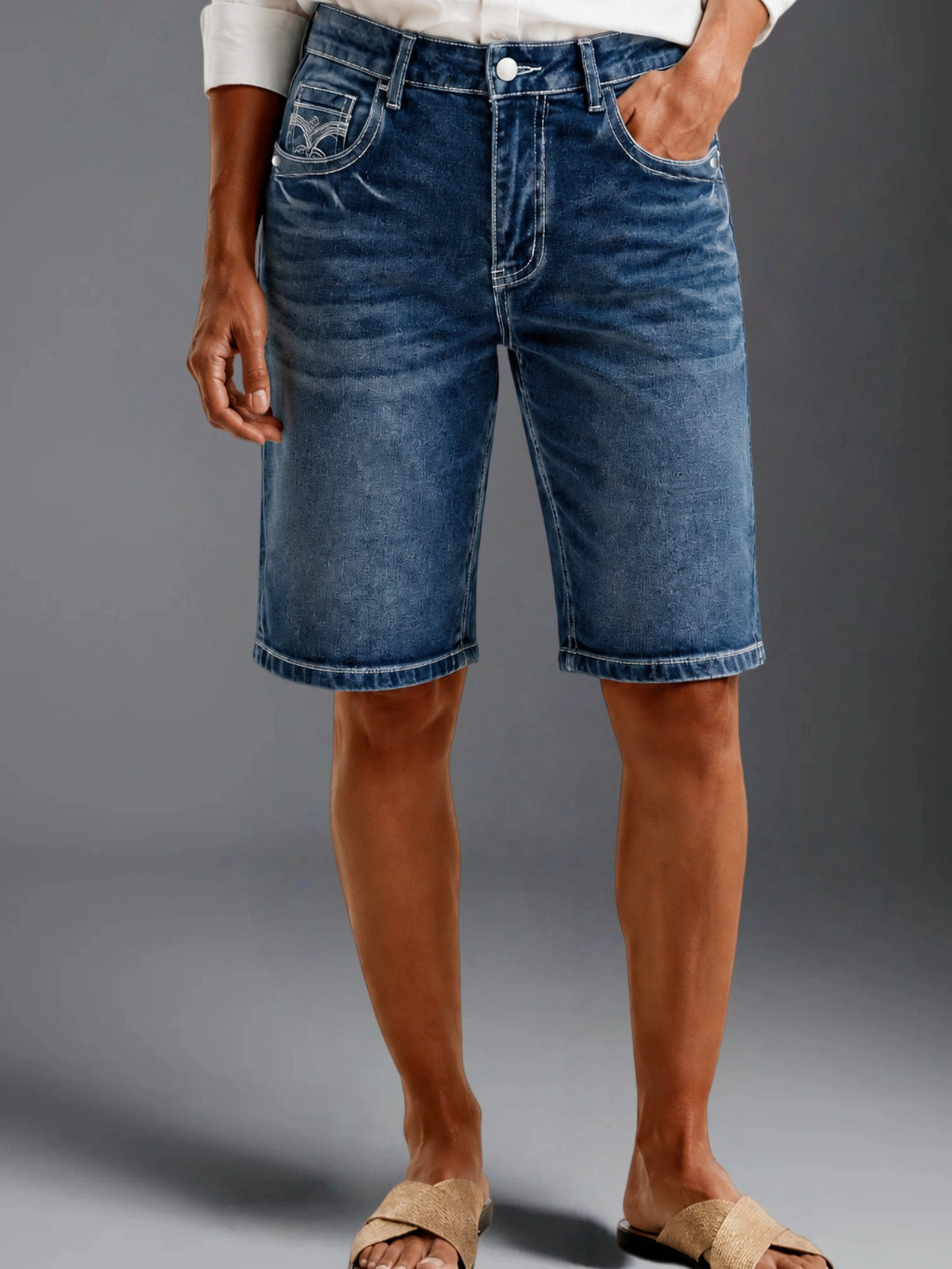 Women High Waist Stretch Slim Denim Bermuda Shorts Casual Mid Pants For Summer Cycling Daily Street Wear