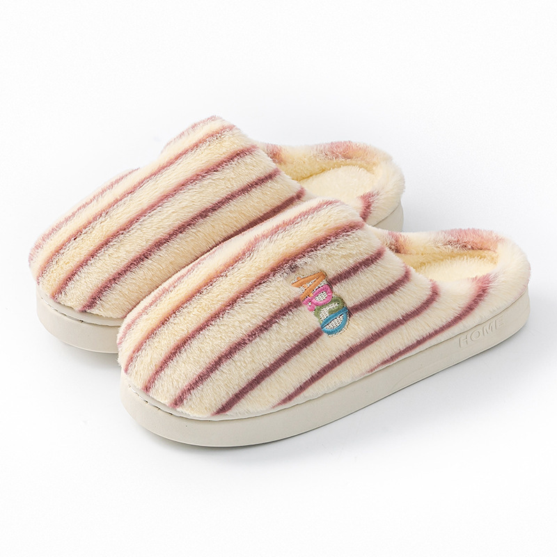 Ins Plush Striped Slippers Winter Warm Letter Embroidered Shoes Fashion Floor Bedroom Home Slippers Female Male Couple