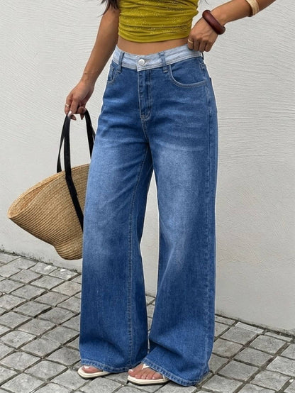 Women Contrast Waistband High Waist Denim Jeans Medium Blue Loose Wide Leg Soft Washed Casual Daily Long Trousers