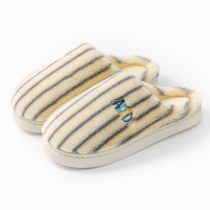 Ins Plush Striped Slippers Winter Warm Letter Embroidered Shoes Fashion Floor Bedroom Home Slippers Female Male Couple