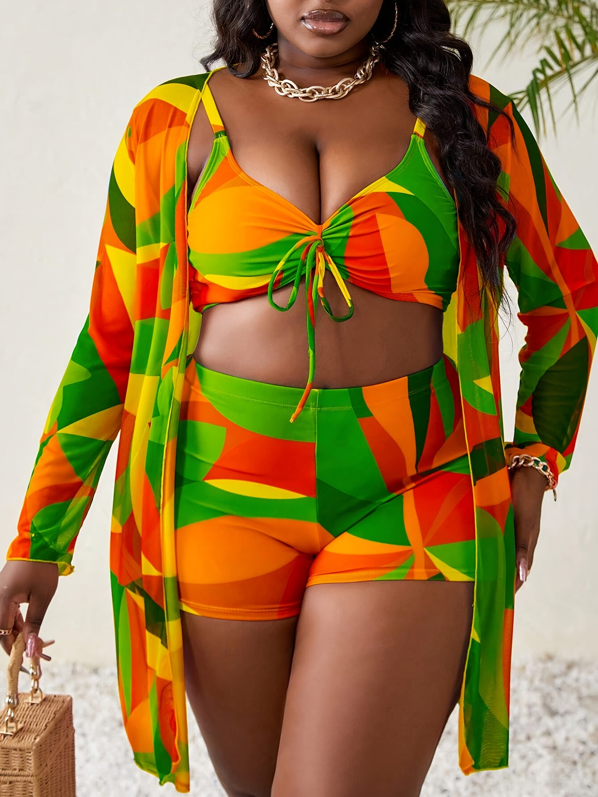 ENMAYER Plus‑Size 3‑Piece Tankini Swimsuit, Multicolor Patchwork Print Sun Protection Swim Set