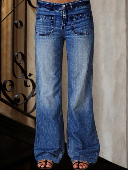 Women Vintage Washed Wide Leg Flare Denim Jeans With Contrast Stitch Front Pockets Casual Floor-Length Pants For Street Vacation Outfits