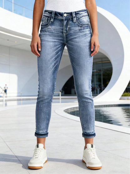 Women Washed Faded Cuffed Ankle Skinny Denim Jeans Slim Fit Pants for Outdoor Travel Daily Casual Street Outfits