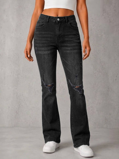 High Waist Black Washed Ripped Flare Jeans Women Faded Distressed Stretch Denim Bootcut Casual Vintage Long Pants
