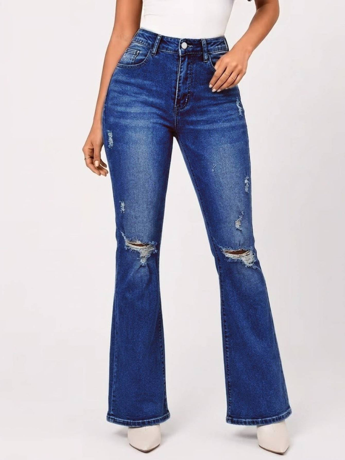 Women's Medium Blue High-Waisted Ripped Flare Jeans