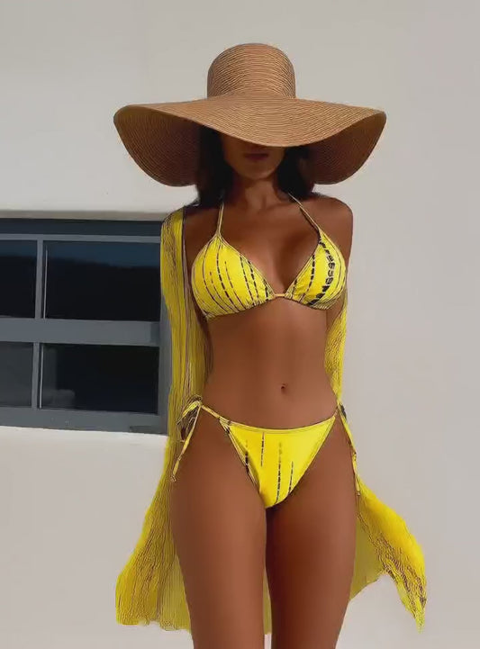 Yellow‑Print 3‑Piece Bikini Set | Bikini + Sheer Kimono Beach Cover‑Up – ENMAYER