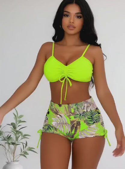 Neon Green Front Tie Bikini Top Tropical Leaf High Waist Shorts 2 Piece Swimsuit