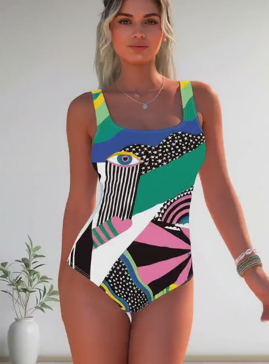 Abstract‑Geometric Evil‑Eye Rainbow‑Print One‑Piece Swimsuit | Square‑Neck Tummy‑Control – ENMAYER