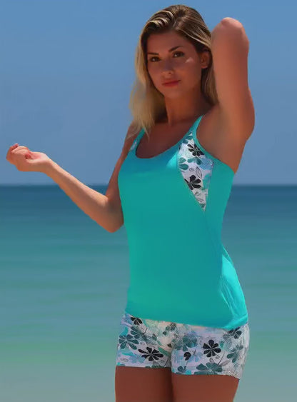 Women Tropical Floral Tankini 2‑Piece Set | Tank Top & Boy Shorts Swimwear | ENMAYER