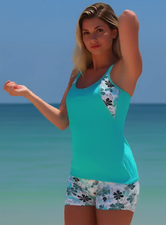 Women Tropical Floral Tankini 2‑Piece Set | Tank Top & Boy Shorts Swimwear | ENMAYER