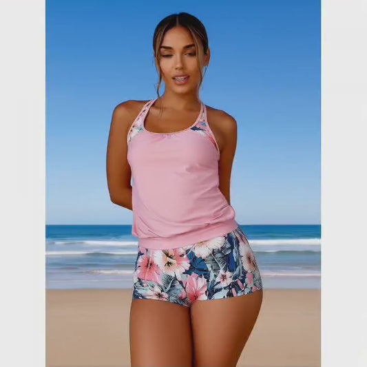 Women’s Halter Neck 2‑Piece Tankini Set, Pink Solid Top with Hibiscus Print Swim Shorts